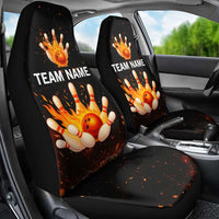 Flaming Bowling Ball Design Car Seat Cover with Strike Pins and Glowing Fire Sparks on Dark Background - Wonder Print Shop