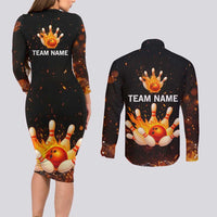 Flaming Bowling Ball Design Couples Matching Long Sleeve Bodycon Dress and Long Sleeve Button Shirt with Strike Pins and Glowing Fire Sparks on Dark Background - Wonder Print Shop