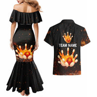 Flaming Bowling Ball Design Couples Matching Mermaid Dress and Hawaiian Shirt with Strike Pins and Glowing Fire Sparks on Dark Background - Wonder Print Shop