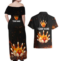 Flaming Bowling Ball Design Couples Matching Off Shoulder Maxi Dress and Hawaiian Shirt with Strike Pins and Glowing Fire Sparks on Dark Background - Wonder Print Shop
