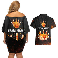 Flaming Bowling Ball Design Couples Matching Off Shoulder Short Dress and Hawaiian Shirt with Strike Pins and Glowing Fire Sparks on Dark Background - Wonder Print Shop