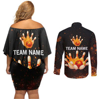 Flaming Bowling Ball Design Couples Matching Off Shoulder Short Dress and Long Sleeve Button Shirt with Strike Pins and Glowing Fire Sparks on Dark Background - Wonder Print Shop