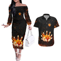 Flaming Bowling Ball Design Couples Matching Off The Shoulder Long Sleeve Dress and Hawaiian Shirt with Strike Pins and Glowing Fire Sparks on Dark Background - Wonder Print Shop