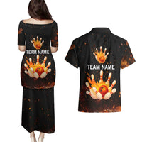 Flaming Bowling Ball Design Couples Matching Puletasi and Hawaiian Shirt with Strike Pins and Glowing Fire Sparks on Dark Background - Wonder Print Shop