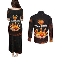 Flaming Bowling Ball Design Couples Matching Puletasi and Long Sleeve Button Shirt with Strike Pins and Glowing Fire Sparks on Dark Background - Wonder Print Shop