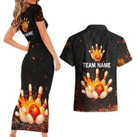Flaming Bowling Ball Design Couples Matching Short Sleeve Bodycon Dress and Hawaiian Shirt with Strike Pins and Glowing Fire Sparks on Dark Background - Wonder Print Shop