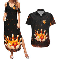 Flaming Bowling Ball Design Couples Matching Summer Maxi Dress and Hawaiian Shirt with Strike Pins and Glowing Fire Sparks on Dark Background - Wonder Print Shop