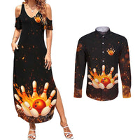 Flaming Bowling Ball Design Couples Matching Summer Maxi Dress and Long Sleeve Button Shirt with Strike Pins and Glowing Fire Sparks on Dark Background - Wonder Print Shop