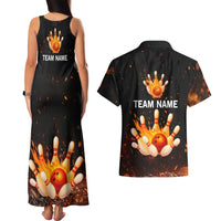 Flaming Bowling Ball Design Couples Matching Tank Maxi Dress and Hawaiian Shirt with Strike Pins and Glowing Fire Sparks on Dark Background - Wonder Print Shop