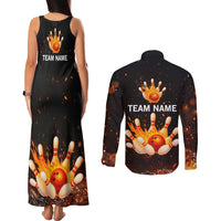 Flaming Bowling Ball Design Couples Matching Tank Maxi Dress and Long Sleeve Button Shirt with Strike Pins and Glowing Fire Sparks on Dark Background - Wonder Print Shop
