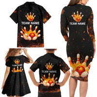 Flaming Bowling Ball Design Family Matching Long Sleeve Bodycon Dress and Hawaiian Shirt with Strike Pins and Glowing Fire Sparks on Dark Background - Wonder Print Shop