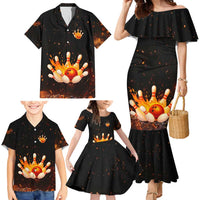Flaming Bowling Ball Design Family Matching Mermaid Dress and Hawaiian Shirt with Strike Pins and Glowing Fire Sparks on Dark Background - Wonder Print Shop