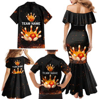 Flaming Bowling Ball Design Family Matching Mermaid Dress and Hawaiian Shirt with Strike Pins and Glowing Fire Sparks on Dark Background - Wonder Print Shop