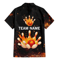 Flaming Bowling Ball Design Family Matching Mermaid Dress and Hawaiian Shirt with Strike Pins and Glowing Fire Sparks on Dark Background - Wonder Print Shop