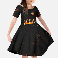 Flaming Bowling Ball Design Family Matching Off The Shoulder Long Sleeve Dress and Hawaiian Shirt with Strike Pins and Glowing Fire Sparks on Dark Background - Wonder Print Shop