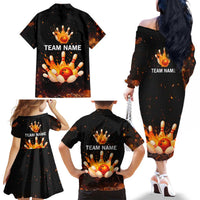 Flaming Bowling Ball Design Family Matching Off The Shoulder Long Sleeve Dress and Hawaiian Shirt with Strike Pins and Glowing Fire Sparks on Dark Background - Wonder Print Shop