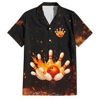 Flaming Bowling Ball Design Family Matching Off The Shoulder Long Sleeve Dress and Hawaiian Shirt with Strike Pins and Glowing Fire Sparks on Dark Background - Wonder Print Shop
