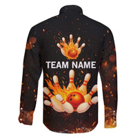 Flaming Bowling Ball Design Family Matching Off The Shoulder Long Sleeve Dress and Hawaiian Shirt with Strike Pins and Glowing Fire Sparks on Dark Background - Wonder Print Shop