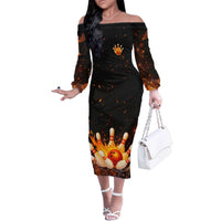 Flaming Bowling Ball Design Family Matching Off The Shoulder Long Sleeve Dress and Hawaiian Shirt with Strike Pins and Glowing Fire Sparks on Dark Background - Wonder Print Shop