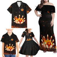 Flaming Bowling Ball Design Family Matching Off Shoulder Maxi Dress and Hawaiian Shirt with Strike Pins and Glowing Fire Sparks on Dark Background - Wonder Print Shop