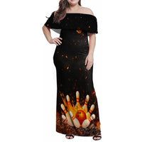 Flaming Bowling Ball Design Family Matching Off Shoulder Maxi Dress and Hawaiian Shirt with Strike Pins and Glowing Fire Sparks on Dark Background - Wonder Print Shop