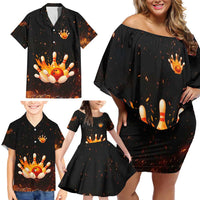 Flaming Bowling Ball Design Family Matching Off Shoulder Short Dress and Hawaiian Shirt with Strike Pins and Glowing Fire Sparks on Dark Background - Wonder Print Shop