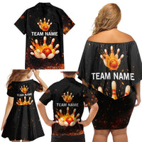 Flaming Bowling Ball Design Family Matching Off Shoulder Short Dress and Hawaiian Shirt with Strike Pins and Glowing Fire Sparks on Dark Background - Wonder Print Shop