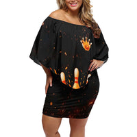 Flaming Bowling Ball Design Family Matching Off Shoulder Short Dress and Hawaiian Shirt with Strike Pins and Glowing Fire Sparks on Dark Background - Wonder Print Shop