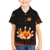 Flaming Bowling Ball Design Family Matching Puletasi and Hawaiian Shirt with Strike Pins and Glowing Fire Sparks on Dark Background - Wonder Print Shop