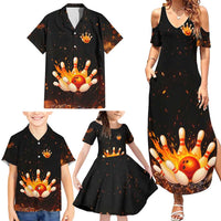 Flaming Bowling Ball Design Family Matching Summer Maxi Dress and Hawaiian Shirt with Strike Pins and Glowing Fire Sparks on Dark Background - Wonder Print Shop
