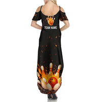 Flaming Bowling Ball Design Family Matching Summer Maxi Dress and Hawaiian Shirt with Strike Pins and Glowing Fire Sparks on Dark Background - Wonder Print Shop