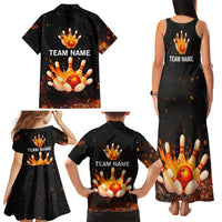 Flaming Bowling Ball Design Family Matching Tank Maxi Dress and Hawaiian Shirt with Strike Pins and Glowing Fire Sparks on Dark Background - Wonder Print Shop