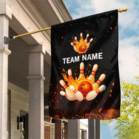 Flaming Bowling Ball Design Garden Flag with Strike Pins and Glowing Fire Sparks on Dark Background - Wonder Print Shop