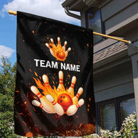 Flaming Bowling Ball Design Garden Flag with Strike Pins and Glowing Fire Sparks on Dark Background - Wonder Print Shop