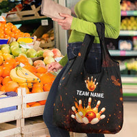Flaming Bowling Ball Design Grocery Bag with Strike Pins and Glowing Fire Sparks on Dark Background - Wonder Print Shop