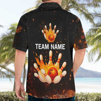 Flaming Bowling Ball Design Hawaiian Shirt with Strike Pins and Glowing Fire Sparks on Dark Background - Wonder Print Shop