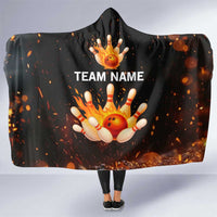 Flaming Bowling Ball Design Hooded Blanket with Strike Pins and Glowing Fire Sparks on Dark Background - Wonder Print Shop
