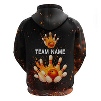 Flaming Bowling Ball Design Hoodie with Strike Pins and Glowing Fire Sparks on Dark Background - Wonder Print Shop