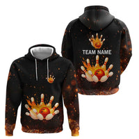 Flaming Bowling Ball Design Hoodie with Strike Pins and Glowing Fire Sparks on Dark Background - Wonder Print Shop