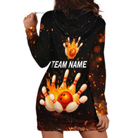 Flaming Bowling Ball Design Hoodie Dress with Strike Pins and Glowing Fire Sparks on Dark Background - Wonder Print Shop