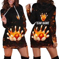 Flaming Bowling Ball Design Hoodie Dress with Strike Pins and Glowing Fire Sparks on Dark Background - Wonder Print Shop