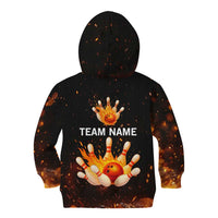 Flaming Bowling Ball Design Kid Hoodie with Strike Pins and Glowing Fire Sparks on Dark Background - Wonder Print Shop