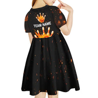 Flaming Bowling Ball Design Kid Short Sleeve Dress with Strike Pins and Glowing Fire Sparks on Dark Background - Wonder Print Shop
