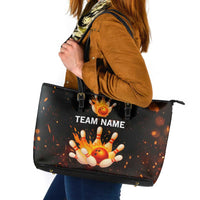 Flaming Bowling Ball Design Leather Tote Bag with Strike Pins and Glowing Fire Sparks on Dark Background - Wonder Print Shop