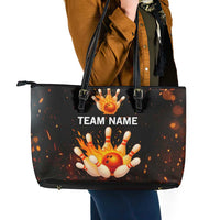 Flaming Bowling Ball Design Leather Tote Bag with Strike Pins and Glowing Fire Sparks on Dark Background - Wonder Print Shop
