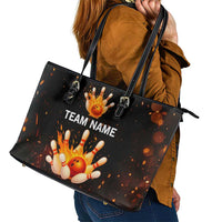 Flaming Bowling Ball Design Leather Tote Bag with Strike Pins and Glowing Fire Sparks on Dark Background - Wonder Print Shop