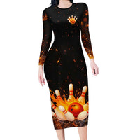 Flaming Bowling Ball Design Long Sleeve Bodycon Dress with Strike Pins and Glowing Fire Sparks on Dark Background - Wonder Print Shop