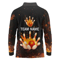 Flaming Bowling Ball Design Long Sleeve Polo Shirt with Strike Pins and Glowing Fire Sparks on Dark Background - Wonder Print Shop