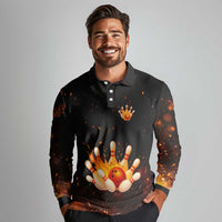 Flaming Bowling Ball Design Long Sleeve Polo Shirt with Strike Pins and Glowing Fire Sparks on Dark Background - Wonder Print Shop