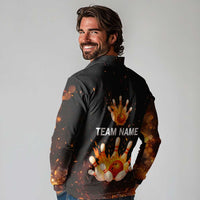 Flaming Bowling Ball Design Long Sleeve Polo Shirt with Strike Pins and Glowing Fire Sparks on Dark Background - Wonder Print Shop